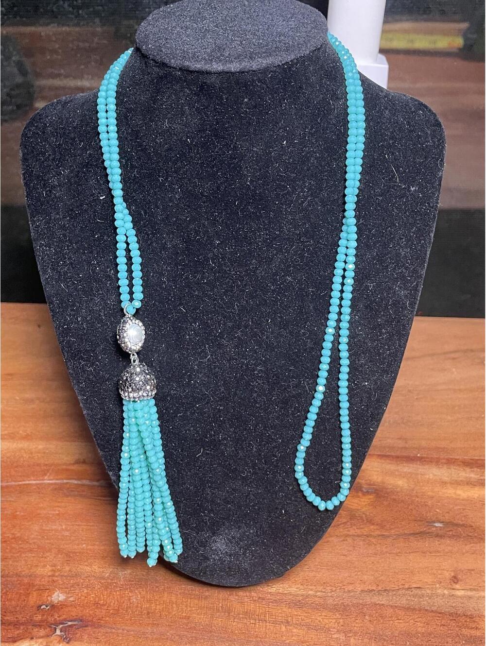 Silver tone Teal blue seed bead tassel pendant necklace